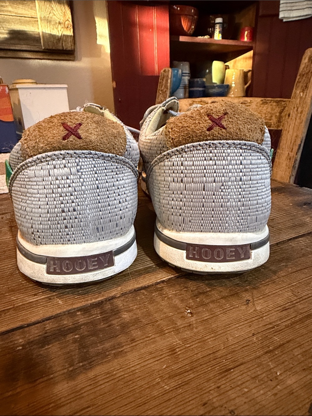 Hooey Light Gray Knit Sneakers with Brown Suede Heel Womens size 8